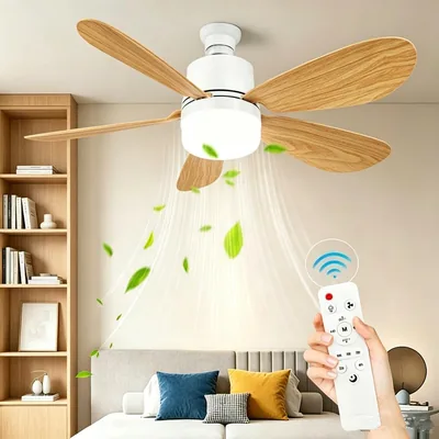 Ventilateur de plafond avec lumière et télécommande, lampe E27/E26 LED - 5 pales - Dimmable, silencieux, 3 vitesses, pour kit
