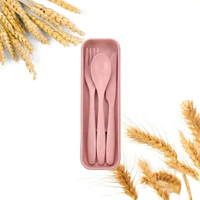Juego de Cubiertos Portátiles con Estuche - 3 Unidades (Cuchara, Tenedor, Cuchillo) - Libre BPA, Fibra de Trigo - Viaje (Rosa)