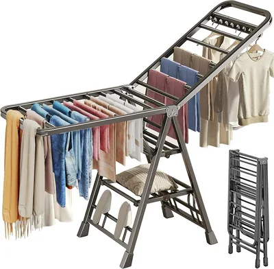 Carbon Steel 3-Tier Foldable Clothes Drying Rack, Adjustable Laundry Dry Stand