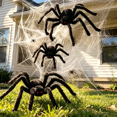 KUKUTrue® Set Gigant Spott Av Halloween | Stor Plusspider 3 Size med Elastic Webb och Mini Spider