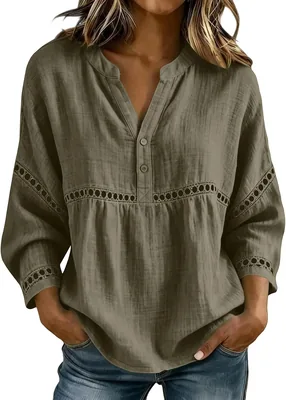 Lace Insert Cotton Linen Blouse - 3/4 Sleeve