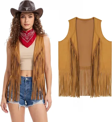 AOOWU Hippie Kostmer för Kvinnor 70-åriga Cowgirl Vest | Fransk Vest Jakt Brun Hippie Kostm
