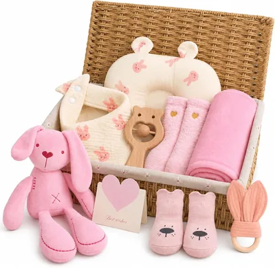 Neugeborenen-Geschenk 10-teilig Baby Geschenk Mädchen und Junge (Rosa) | Komfort, Decke, Bibel, Socken, Dreieckstuch