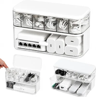 Kabla Organisator Box, Dubbellaga Laddas Kabla Organisator, Plast Transparent Kabla Lagring, Kabla Lagringskist med 6 Kompartimenter