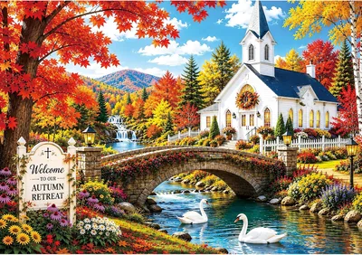 2000 Piece Autumn Country Puzzle: White Church, Stone Bridge