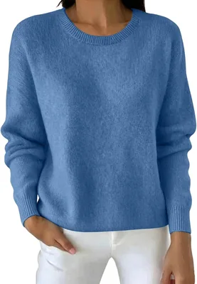 Soft Knit Crew Neck Sweater Women Long Sleeve Pullover - Best Deal