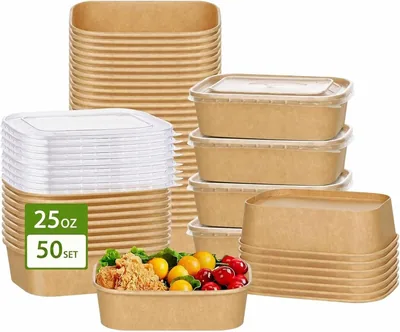 50 Pack Kraft Paper Meal Prep Bowls with Lids