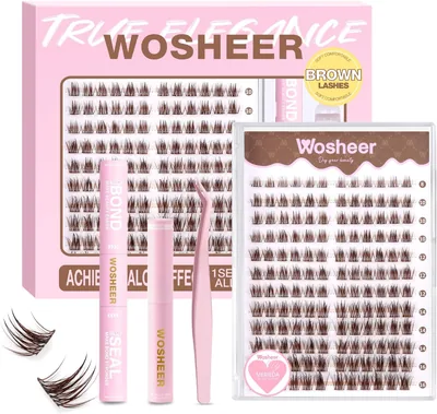 Wosheer Merieda Set D Kurvatur 8-16 mm Cluster Wimpern Braun | Cluster Wimpernverlängerungsset Natürlich DIY Wimpern