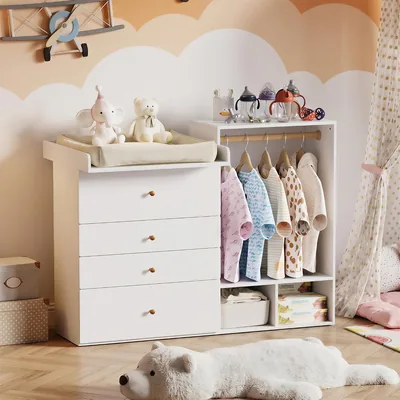 Table de changement MSFE + Coffre à jouets avec 4 tiroirs, espace de rangement, unité de stockage pour la chambre d'enfant, sans chaos