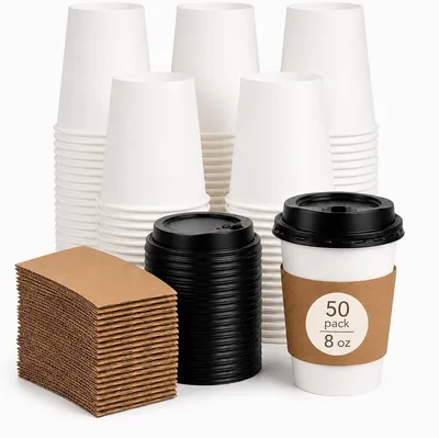 Coffee Cups with Lids 50 Pack - Black Lid Kraft Sleeves