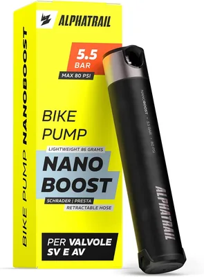 Pompa per Bicicletta Alphatrail NanoBoost Mini, 80 PSI/5,5 bar con Testina Flip-Twin a Vite per Presta e Schrader/Auto | Tubo Estraibile