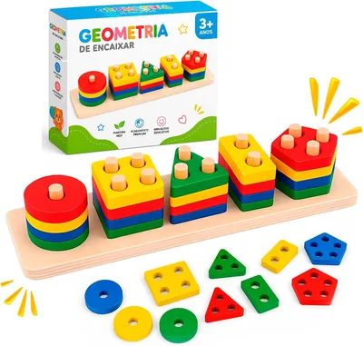 Brinquedo Educativo de Encaixe - Formas Geométricas Coloridas em Madeira MDF - Jogo Pedagógico para Crianças a partir dos 3 anos, 5 Colunas