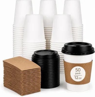 Coffee Cups with Lids 50 Pack - Black Lid Takeaway Cups