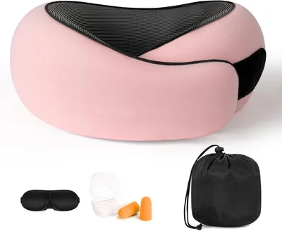 Memory Foam Travel Neck Pillow - Pink with Eye Mask & Earplugs