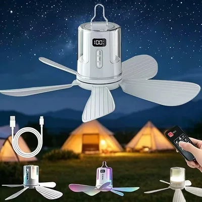 RuriZhongTian Deckenventilator Batterie Camping mit Beleuchtung Fernbedienung | Stille, wiederaufladbarer Timer USB 4