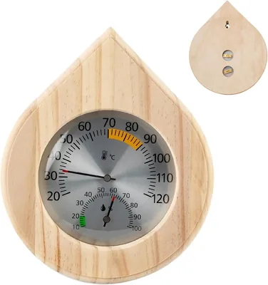 Sauna Thermometer Hygrometer 2 i 1, Trä Sauna Thermohygrometer med Stål Diala, Vattendrop Form, Automatisk Kalibrerad