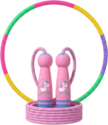Zestaw fitness Hula Hoop z różową liną do skakania jednorożca - Regulowane, zdejmowane koło gimnastyczne