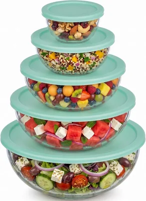 uandu 10 Stück Salatschüssel mit Deckel - Glasmischschüsseln | 5 Schüsseln + 5 Deckel, 6.5-11 Unze Borosilikatglas, BPA-frei, stapelbar