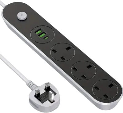 ممد كابل 5 متر مع 3 مخارط بريطانية، 2 منفذ USB و USB-C، محمي من الصدمة الكهربائية 13A