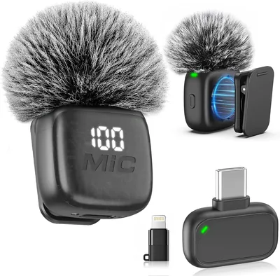 Wireless Lavalier Microphone with Magnetic Clip for iPhone Android | LED Battery Indicator, Noise Re