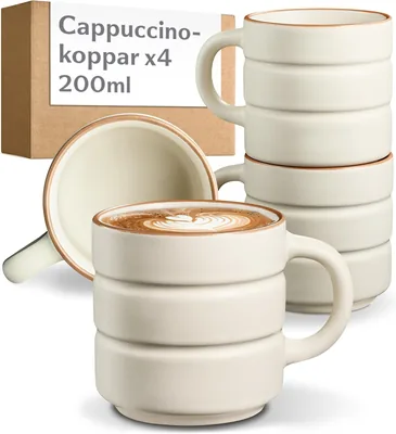 Cosumy Cappuccino Cups Set of 4 Beige - Keramiska Kaffekupper 200 ml | Stackbara Kuppar med Griffar - Tyda Vävninger Håller Kaffen Varm