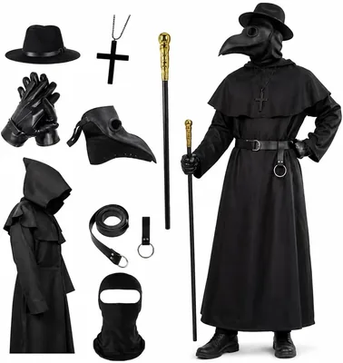 Plague Doctor Costume - 8 Pcs Mask & Cane