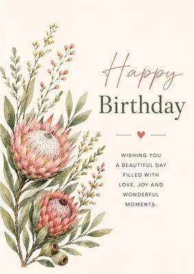 Happy Birthday Card Floral Protea Design | Watercolour Floral, Blank Inside Best Deal