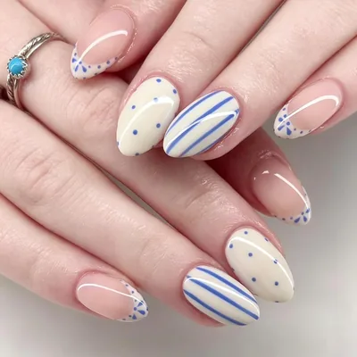 Blue White Stripe Press on Nails - Short Almond Fake Nails