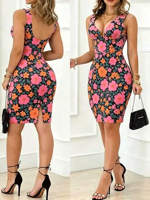 Women's Floral Print V Neck Sleeveless Bodycon Mini Dress