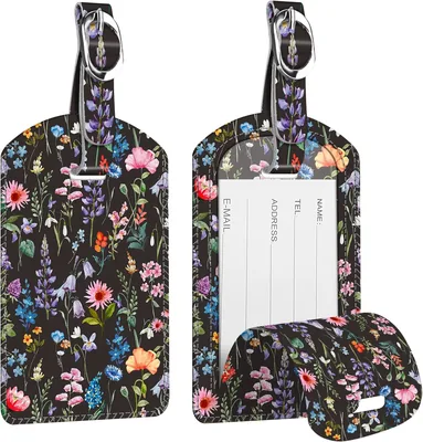 Fintie Faux Leather Luggage Tag Set - Black Floral (2 Pack) Best Deal