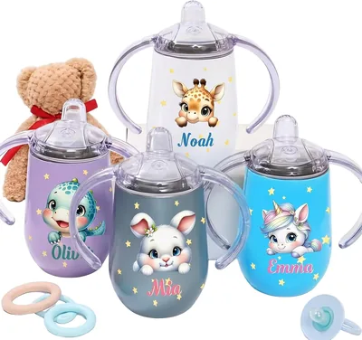 BLEGGEIT Vaso entrenador térmico personalizado con animal y nombre, popote y asa, sin BPA, 6m+, 300 ml