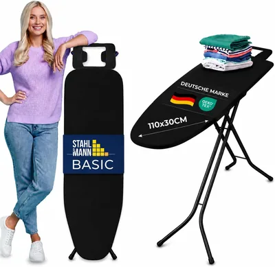 STAHLMANN® Bügelbrett Schwarz [110 × 30 cm] Höhenverstellbar & Faltenbar | Made in Europe, Bügelstütze, raumsparend, rutschfest