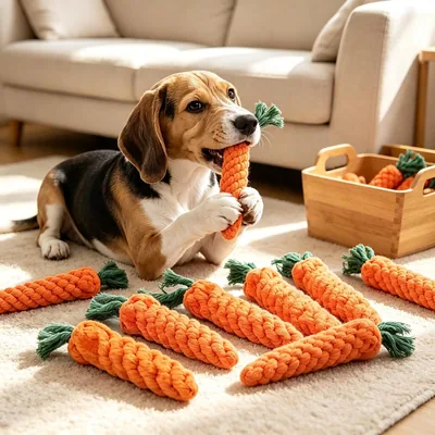 Juguete masticable para perros de forma de zanahoria con nudos de cuerda y chirriador, juguete interactivo de felpa resistente
