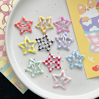 NEOBABY Pastel Checkered Print Star Snap Hair Clips | Korean Style Tic Tac Clips for Kids