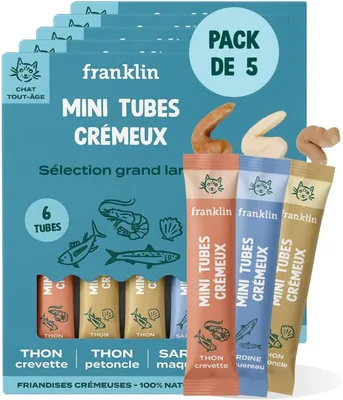 Franklin - Tubes Cremeux pour Chats - Multipack Snacks Crémeux à Saveur de Mer - 30 Tubes x15g | Thon, Crevettes, Sardine