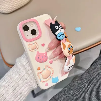 حامل يد قططي كرتوني ثلاثي الأبعاد لهواتف iPhone 13 | 14 | 15 - أغلفة الهواتف - القطط
