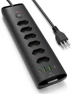 Extensão de Tomada Filtro de Linha 6 Tomadas Com Proteção Sobrecarga, 2 Portas USB e USB-C, Cabo de Alimentação de 2 Metros