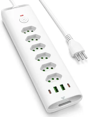 Extensão de Tomada com Filtro de Linha 6 Tomadas + USB-A e USB-C - 2m