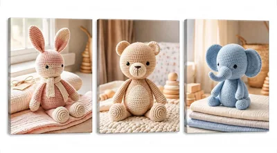 Cuadros Decorativos para Cuarto de Bebé, Set de 3 con Marco de Madera 40x50 cm, Estilo Amigurumi Crochet