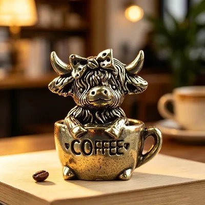 Vintage Brass Highland Cow Coffee Cup Statue Best Deal