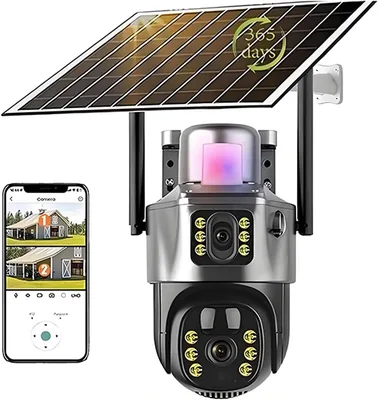 كاميرا مراقبة لاسلكية 4G SIM باناسولار بتقنية PTZ وكاميرتين بعدسة - نظام مراقبة CCTV عالي الدقة مع لوحة شمسية