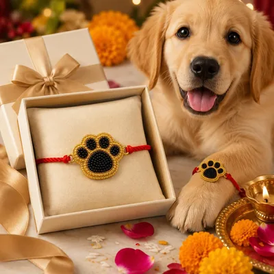 फ़र्रेब पाव रखी कुत्तों और पालतू जानवरों के लिए, सोने का पाव डिज़ाइन लाल धागे के साथ | रक्षा बंधन खास, कुत्तों और बिल्लियों के लिए, पपी फ़्रेंडल