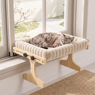 Solid Wood Cat Window Perch - White Bubble Plush