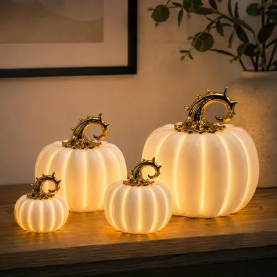 Jumbos Dekorativ Värld Porselein Pumpun med LED - Luminiskt Dekorationspumpun Weißguld, 6H Timmer, Herfstdekoration, Hal