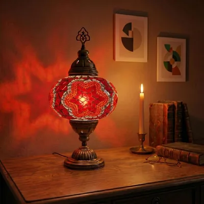 Lámparas de mesa MOSLAND HOME estilo Tiffany con mosaico turco marroquí, hechas a mano, para la noche (Estrella Roja)