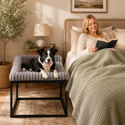 Adjustable Dog Bed Medium, Elevated Co-Sleeper with Metal Frame