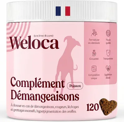 Weloca Anti-Grattage pour Chiens | 120 Compléments Alimentaires Premium | Poisson | 16 Ingrédients Actifs Oméga 3 et 6