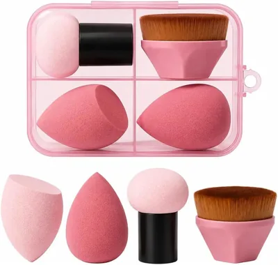Kit de Esponjas de Maquiagem Profissional com Estojo e Pincel - 1 Pincel Hexagonal, 1 Esponja Cogumelo, 2 Esponjas Gota 3D