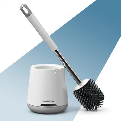 Spazzola per WC Portentum in Silicone con Sistema Anti-goccia e Riduzione degli Odori - Testina Curva con Manico in Metallo