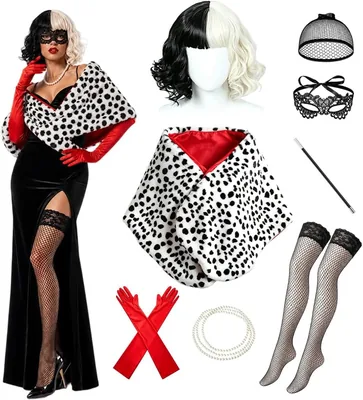 Cruella Deville Costume 7 Pcs Women's Halloween Set